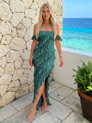 Chiffon Off the Shoulder Ruffles Bridesmaid Dresses with Slit