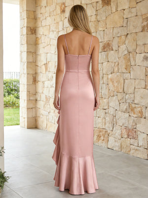 Satin Spaghetti Straps Mermaid Ruffles Bridesmaid Dresses