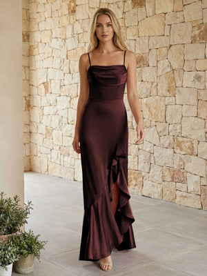 Satin Spaghetti Straps Mermaid Ruffles Bridesmaid Dresses