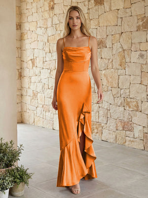 Satin Spaghetti Straps Mermaid Ruffles Bridesmaid Dresses