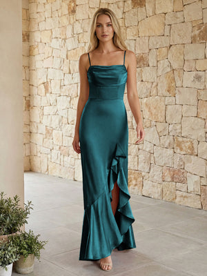 Satin Spaghetti Straps Mermaid Ruffles Bridesmaid Dresses
