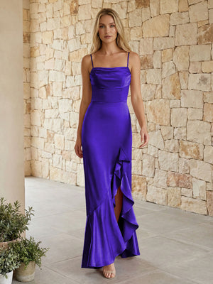 Satin Spaghetti Straps Mermaid Ruffles Bridesmaid Dresses