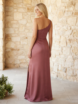 Satin One Shoulder Pleats Bridesmaid Dresses with Slit