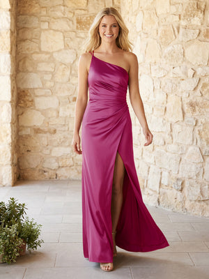 Satin One Shoulder Pleats Bridesmaid Dresses with Slit