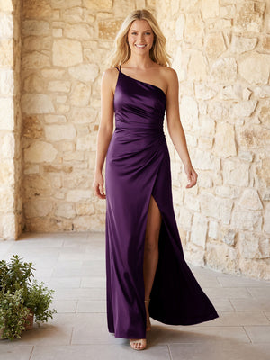 Satin One Shoulder Pleats Bridesmaid Dresses with Slit