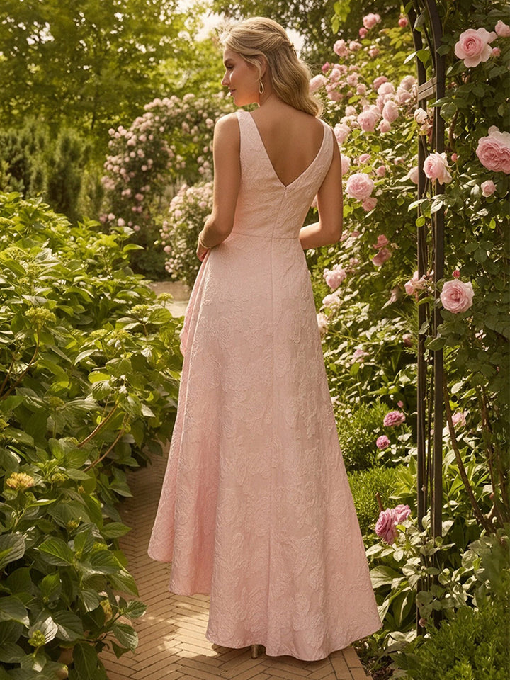 Satin Jacquard Pleated A Line Wedding Guest Dresses with Ruffles Formal Gowns