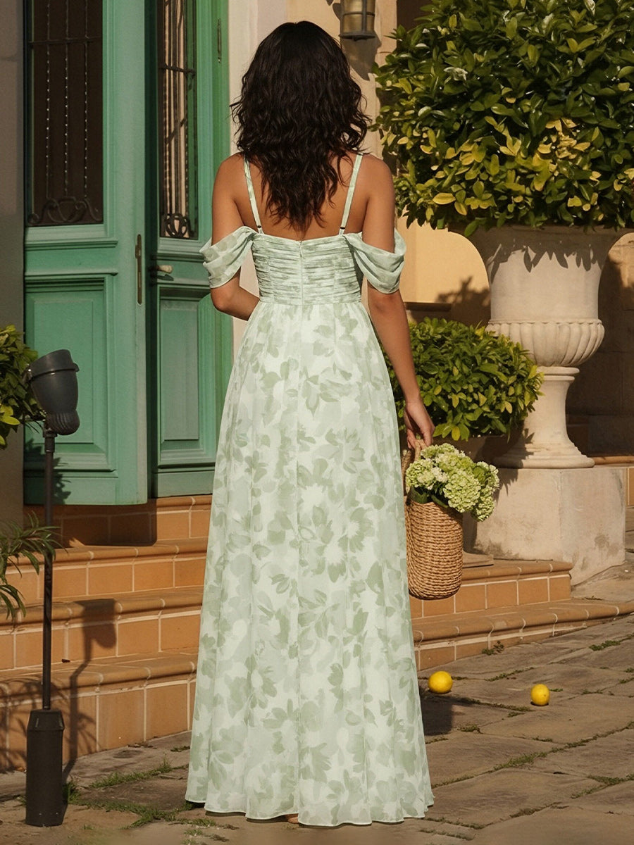 Chiffon Floral Off Shoulder Pleated A Line Long Bridesmaid Dresses
