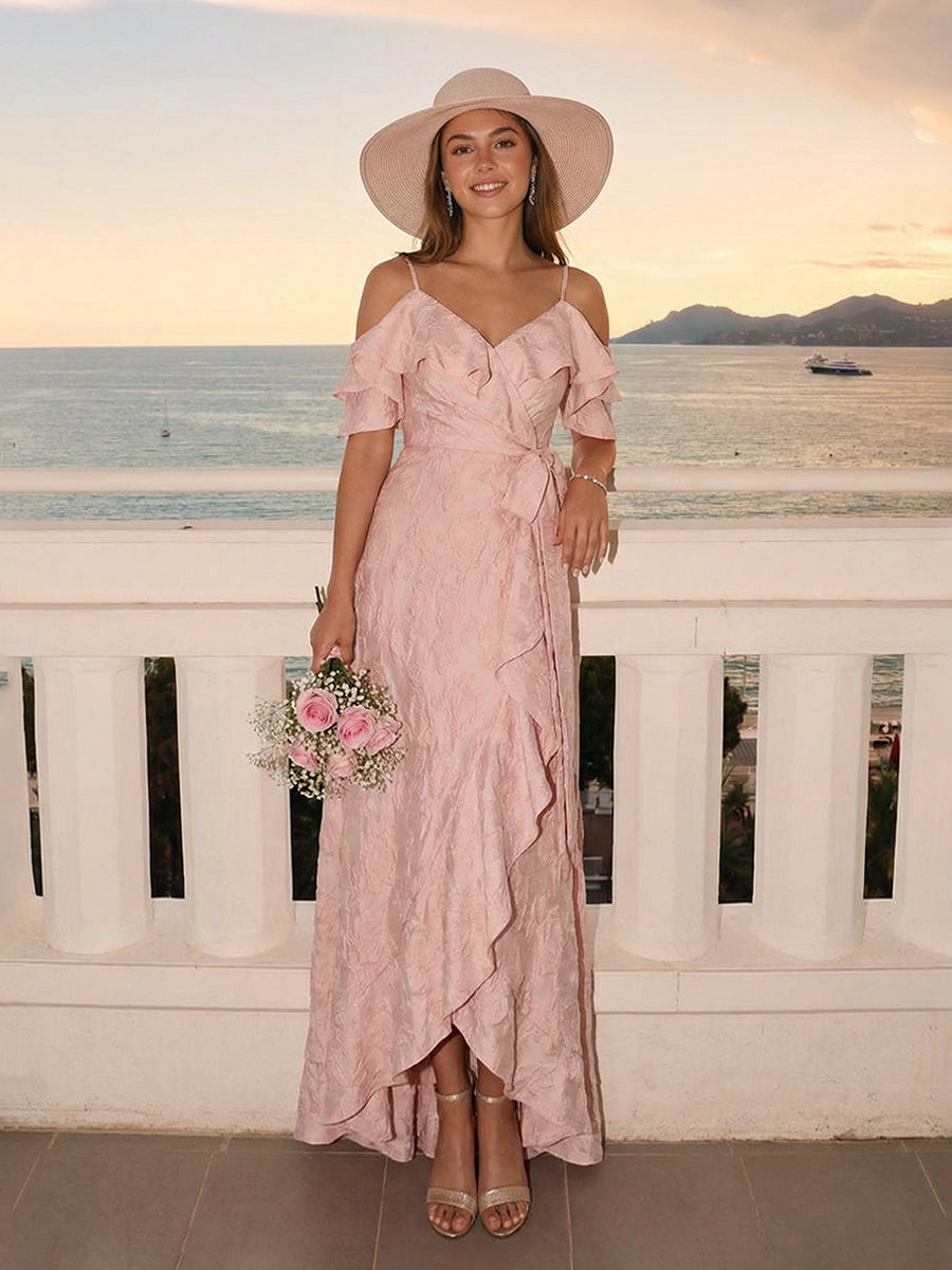 Satin Jacquard Off Shoulder Ruffles Long Bridesmaid Dresses with Slit