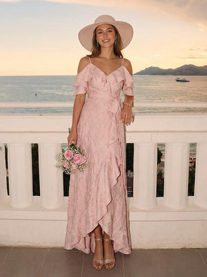 Satin Jacquard Off Shoulder Ruffles Long Bridesmaid Dresses with Slit