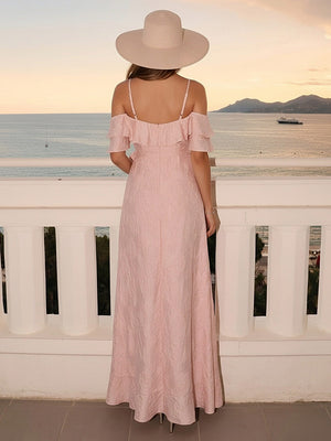 Satin Jacquard Off Shoulder Ruffles Long Bridesmaid Dresses with Slit