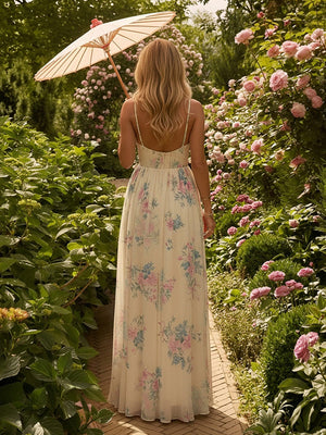 Chiffon Floral Spaghetti Straps Long Wedding Guest Dresses with Slit