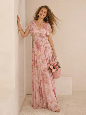 Chiffon Floral Short Sleeves Long Bridesmaid Dresses