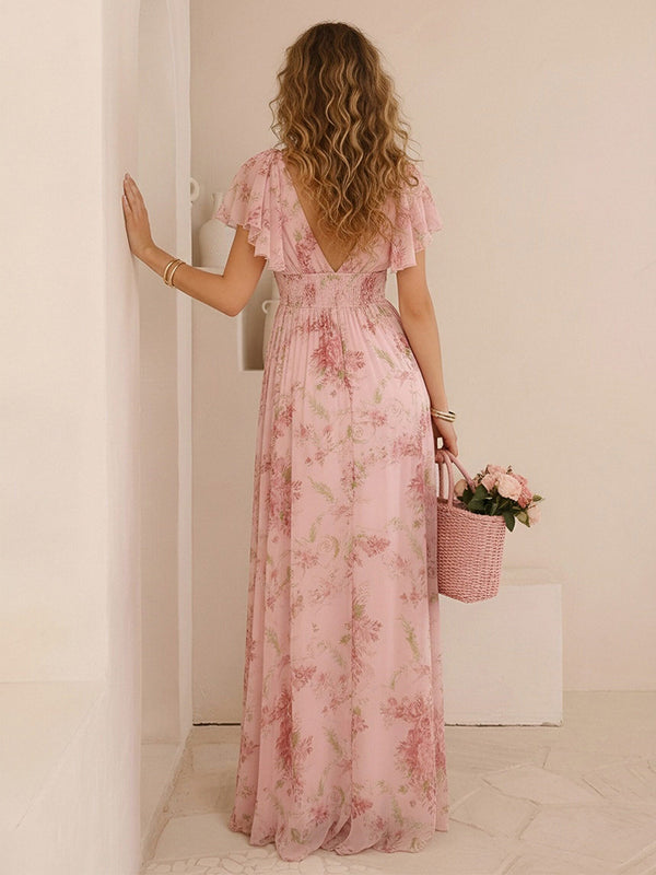 Chiffon Floral Short Sleeves Long Bridesmaid Dresses