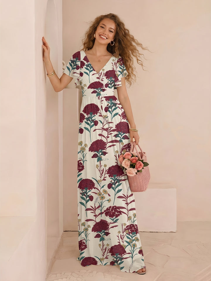 Chiffon Floral Short Sleeves Long Formal Dresses