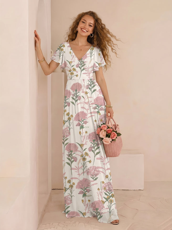 Chiffon Floral Short Sleeves Long Formal Dresses