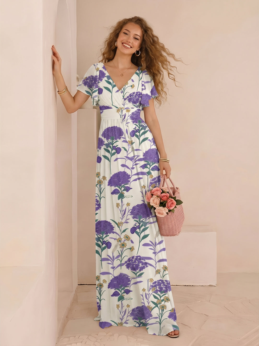 Chiffon Floral Short Sleeves Long Formal Dresses