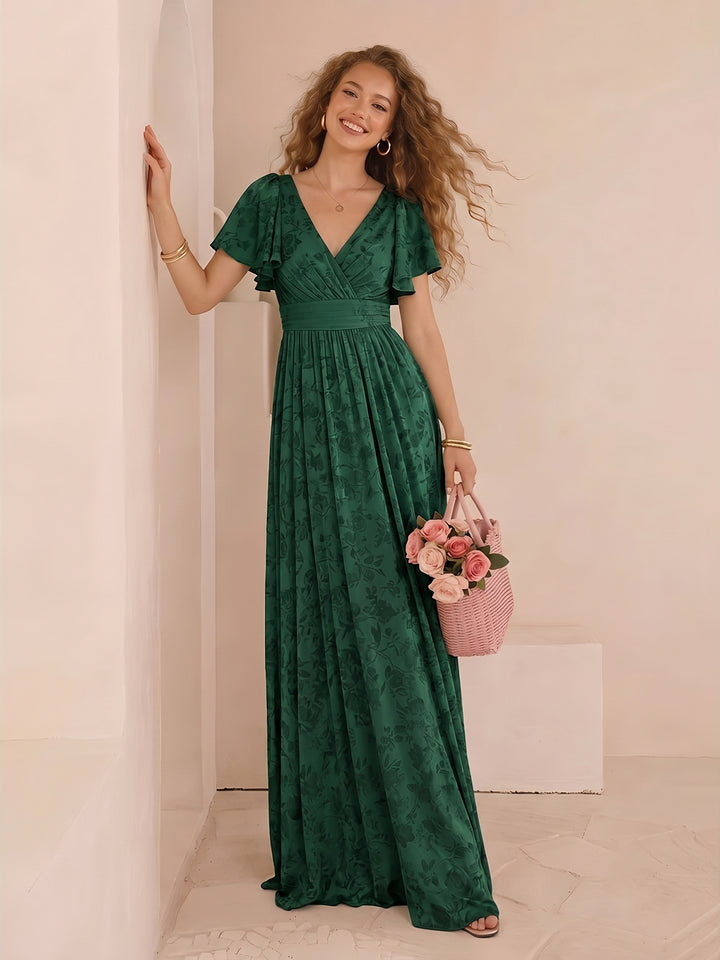 Chiffon Floral Short Sleeves Long Formal Dresses