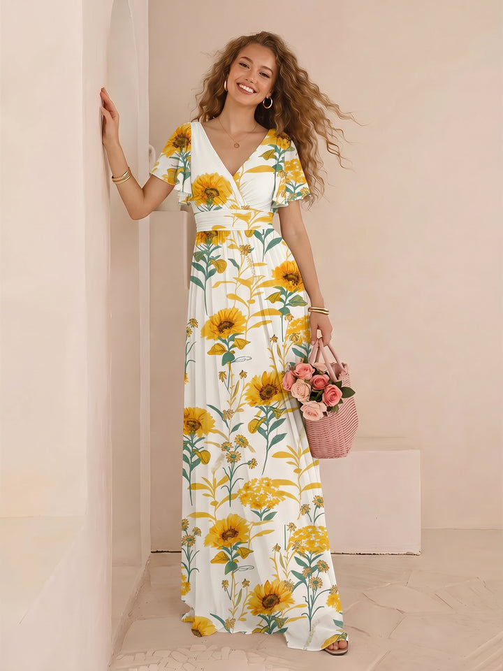 Chiffon Floral Short Sleeves Long Formal Dresses