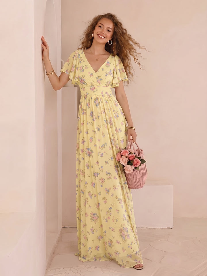 Chiffon Floral Short Sleeves Long Formal Dresses