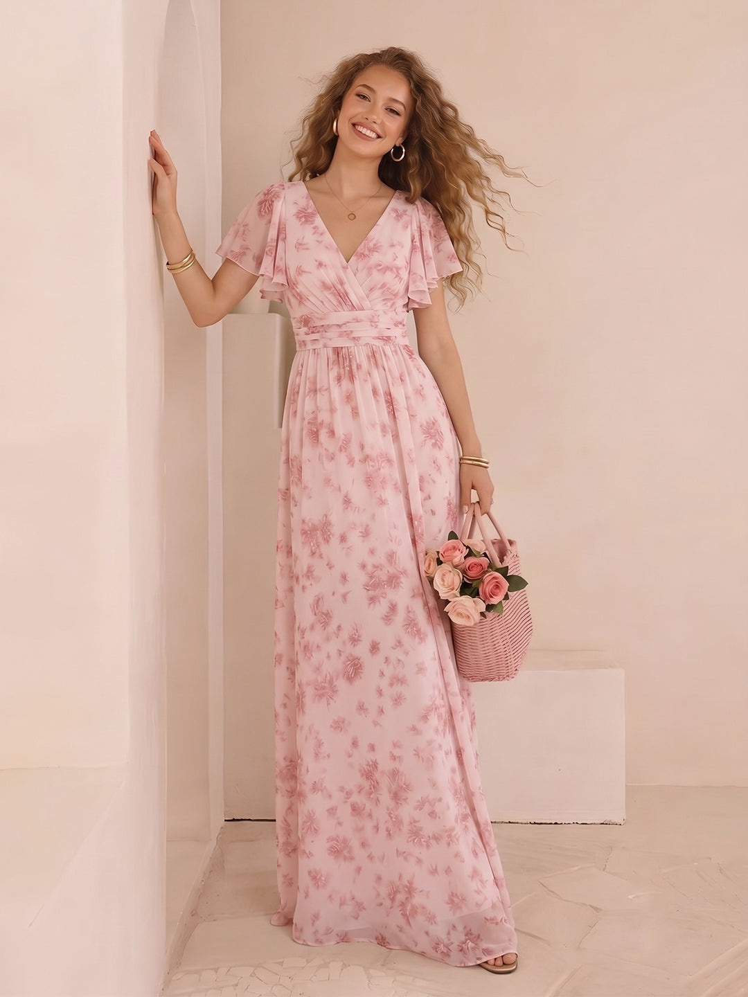 Chiffon Floral Short Sleeves Long Formal Dresses