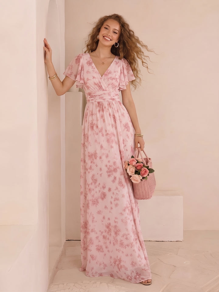Chiffon Floral Short Sleeves Long Formal Dresses