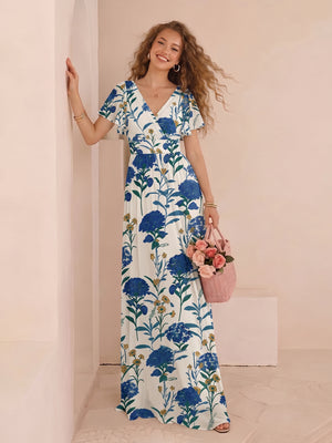 Chiffon Floral Short Sleeves Long Formal Dresses