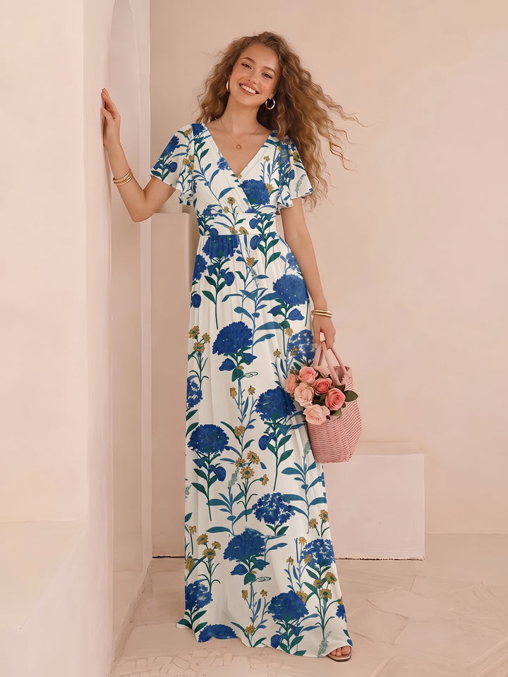 Chiffon Floral Short Sleeves Long Formal Dresses