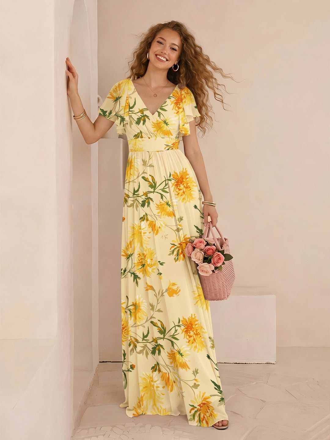 Chiffon Floral Short Sleeves Long Formal Dresses