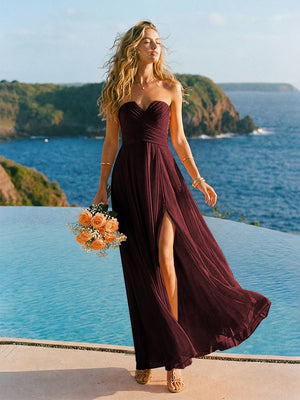 Chiffon Strapless Pleated Long Bridesmaid Dresses with Slit