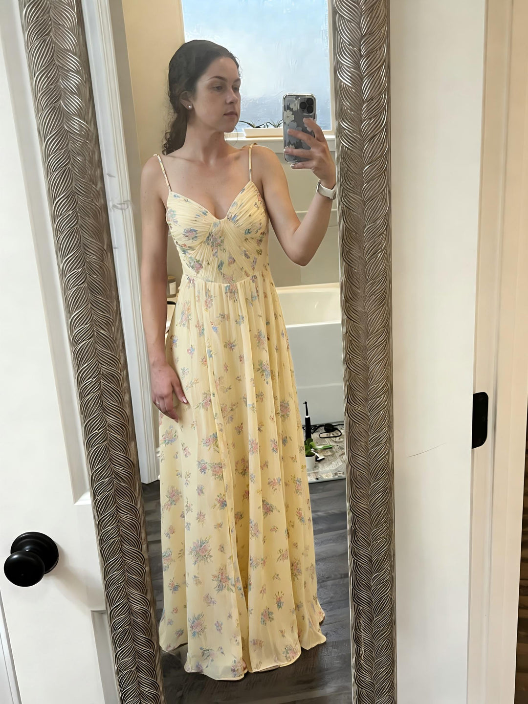 Floral Chiffon Spaghetti Straps Pleated Long Wedding Guest Dresses