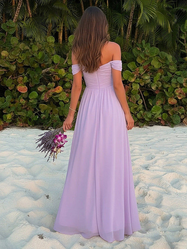 Chiffon Off Shoulder Pleated Long Bridesmaid Dresses