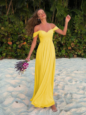 Chiffon Off Shoulder Pleated Long Bridesmaid Dresses