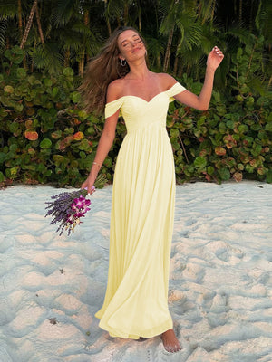 Chiffon Off Shoulder Pleated Long Bridesmaid Dresses