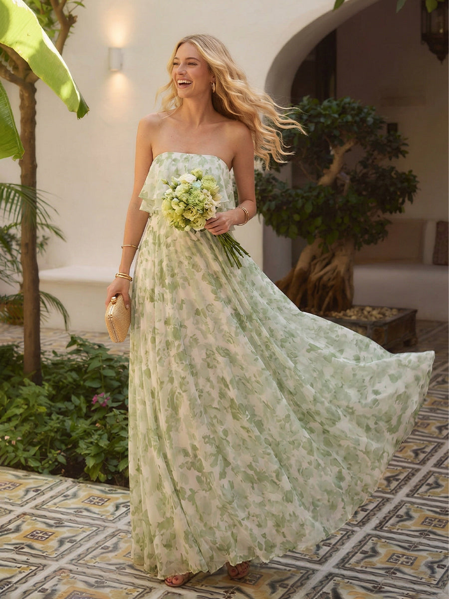 Floral Chiffon Strapless Pleated Long Bridesmaid Dresses