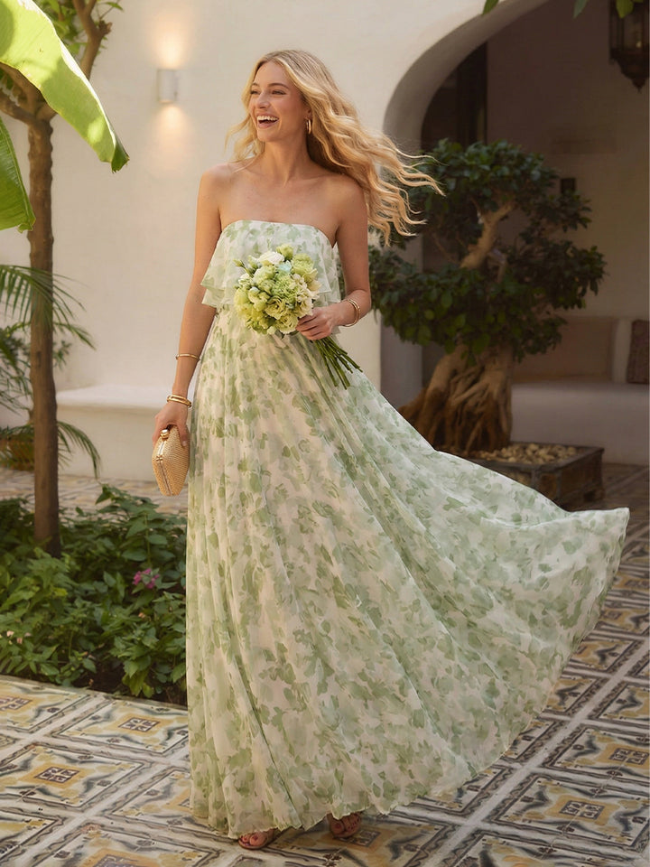 Floral Chiffon Strapless Pleated Long Formal Dresses