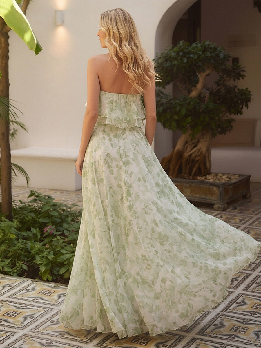 Floral Chiffon Strapless Pleated Long Formal Dresses