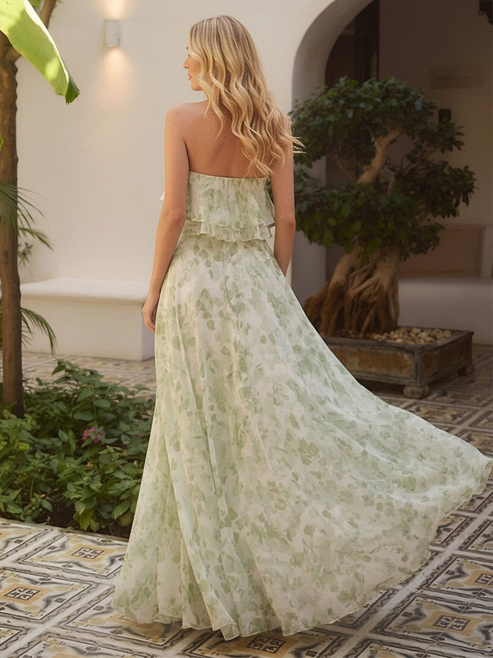 Floral Chiffon Strapless Pleated Long Formal Dresses