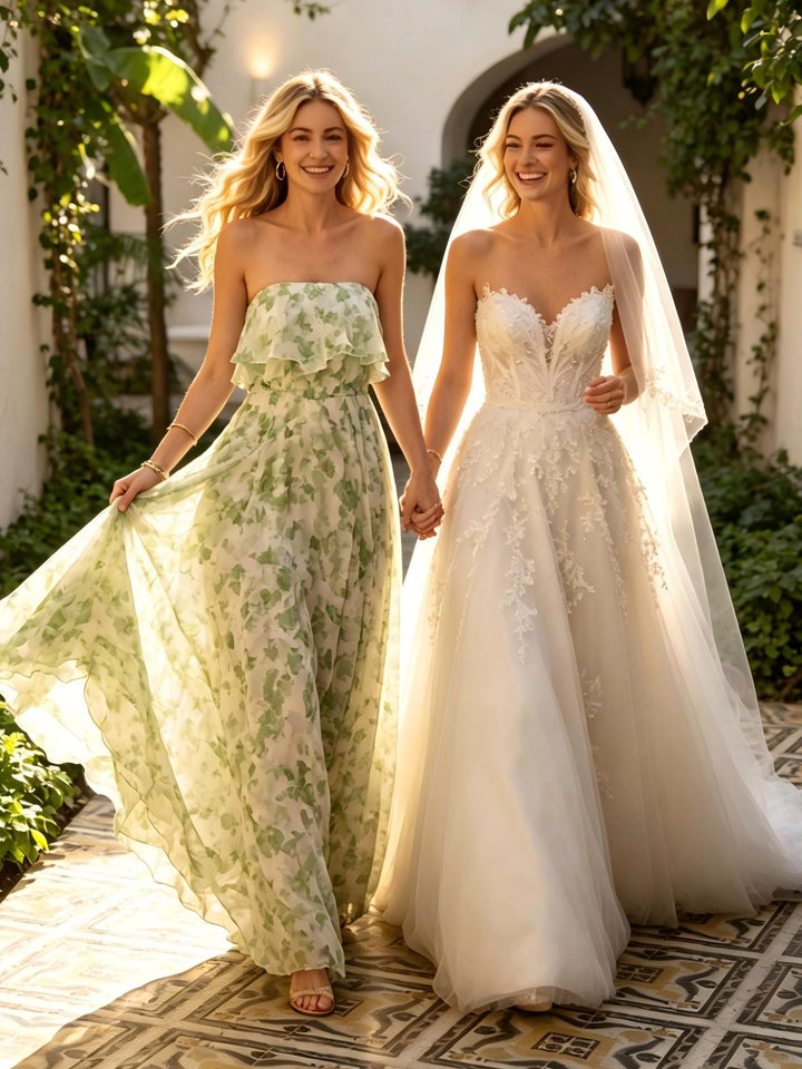Floral Chiffon Strapless Pleated Long Formal Dresses