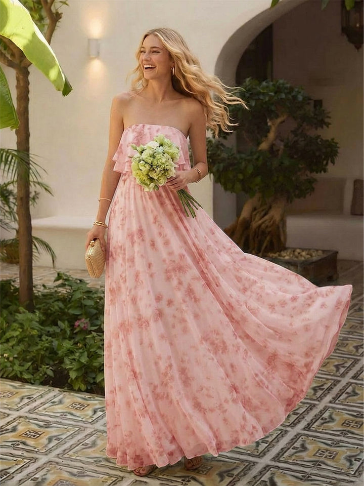 Floral Chiffon Strapless Pleated Long Formal Dresses