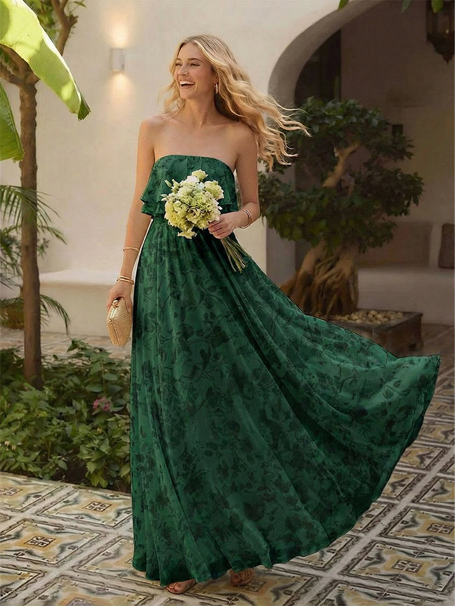 Floral Chiffon Strapless Pleated Long Formal Dresses