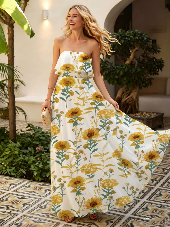 Floral Chiffon Strapless Pleated Long Formal Dresses