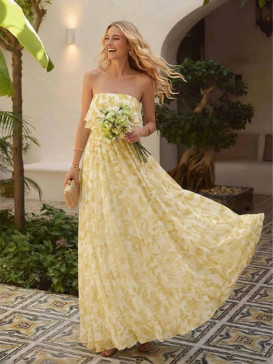 Floral Chiffon Strapless Pleated Long Formal Dresses