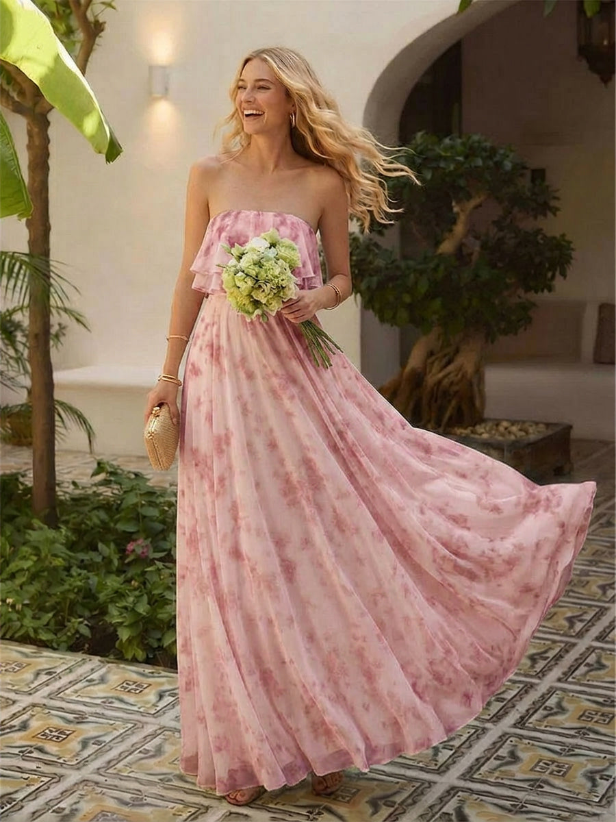 Floral Chiffon Strapless Pleated Long Formal Dresses