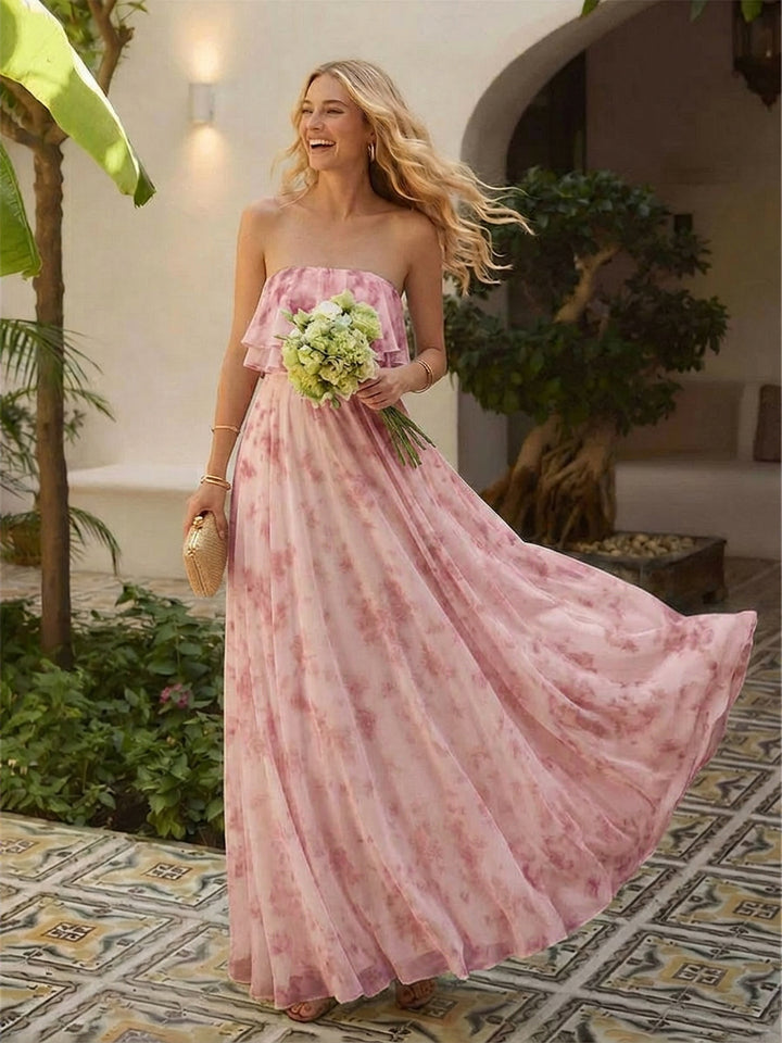 Floral Chiffon Strapless Pleated Long Formal Dresses