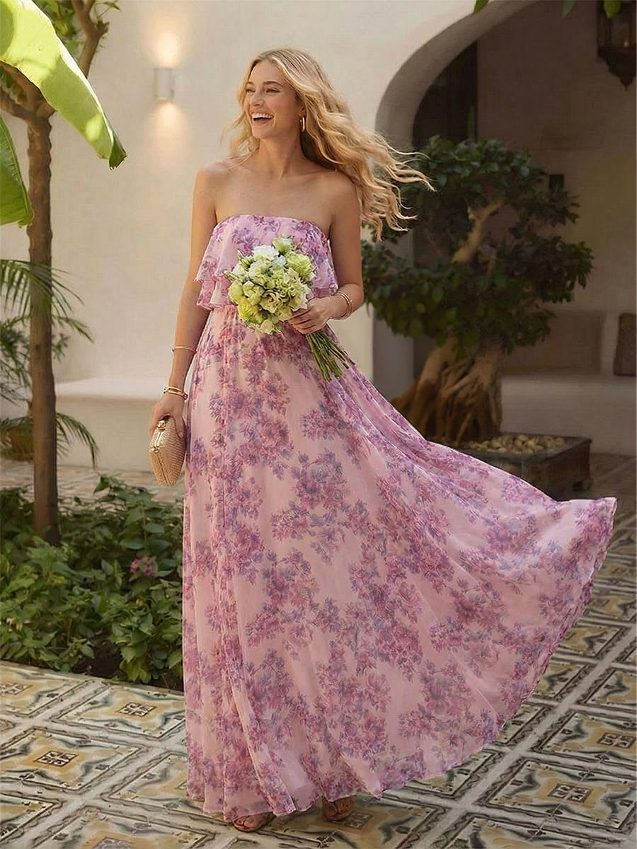 Floral Chiffon Strapless Pleated Long Formal Dresses