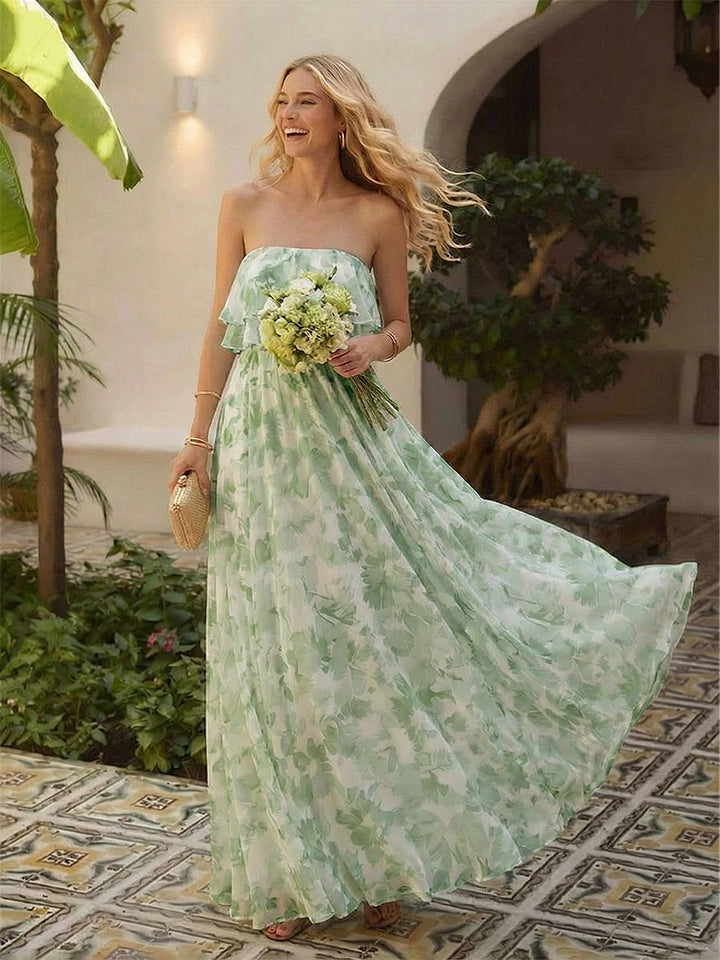 Floral Chiffon Strapless Pleated Long Formal Dresses