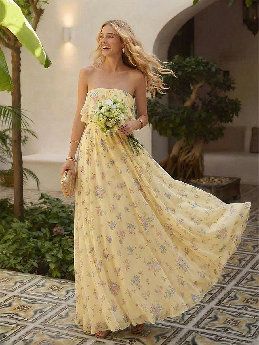 Floral Chiffon Strapless Pleated Long Formal Dresses