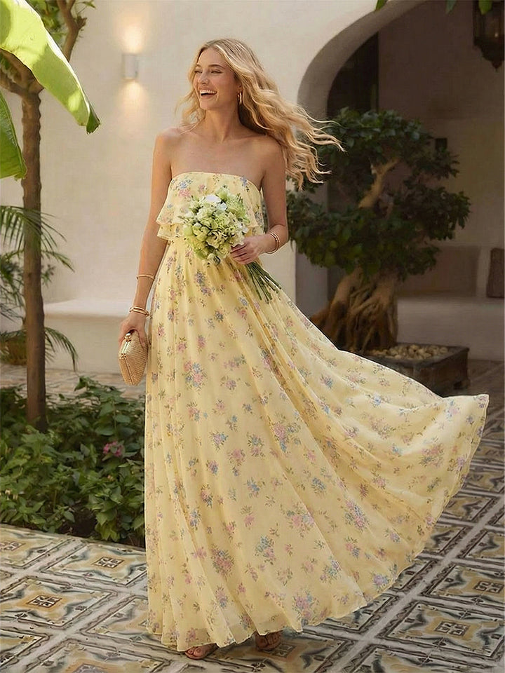 Floral Chiffon Strapless Pleated Long Formal Dresses