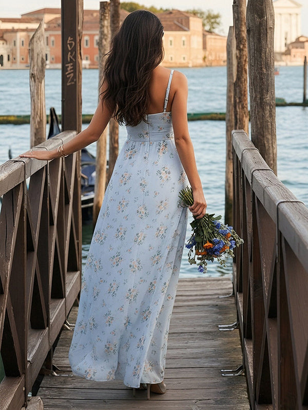 Floral Chiffon Spaghetti Straps Long Bridesmaid Dresses