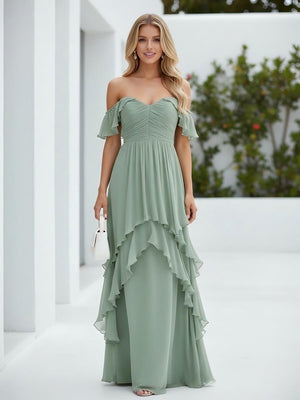 Chiffon Off the Shoulder Pleated Tiered Bridesmaid Dresses